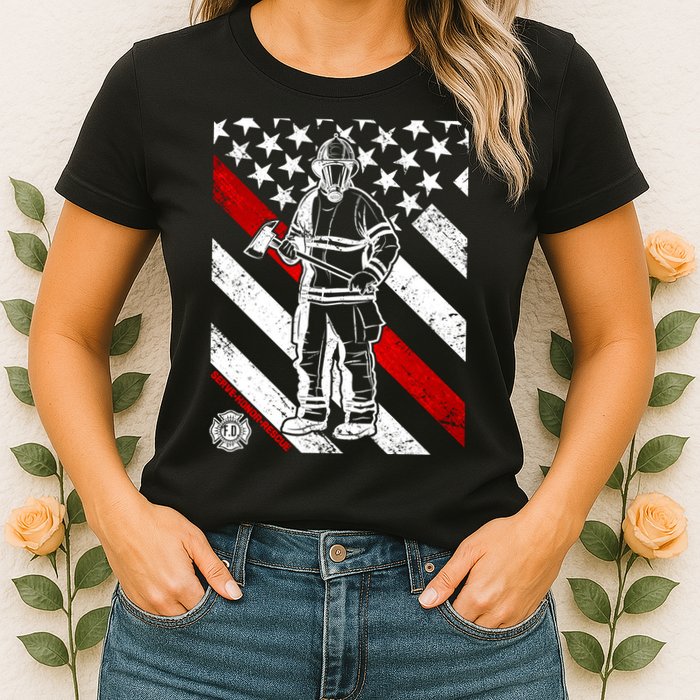 Firefighter Thin Red Line Serve Honor Rescue Womens T-Shirt