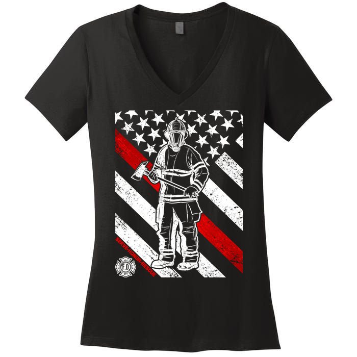 Firefighter Thin Red Line Serve Honor Rescue Women's V-Neck T-Shirt