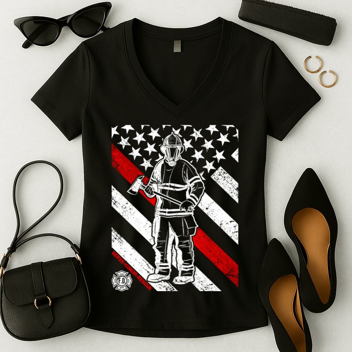 Firefighter Thin Red Line Serve Honor Rescue Women's V-Neck T-Shirt