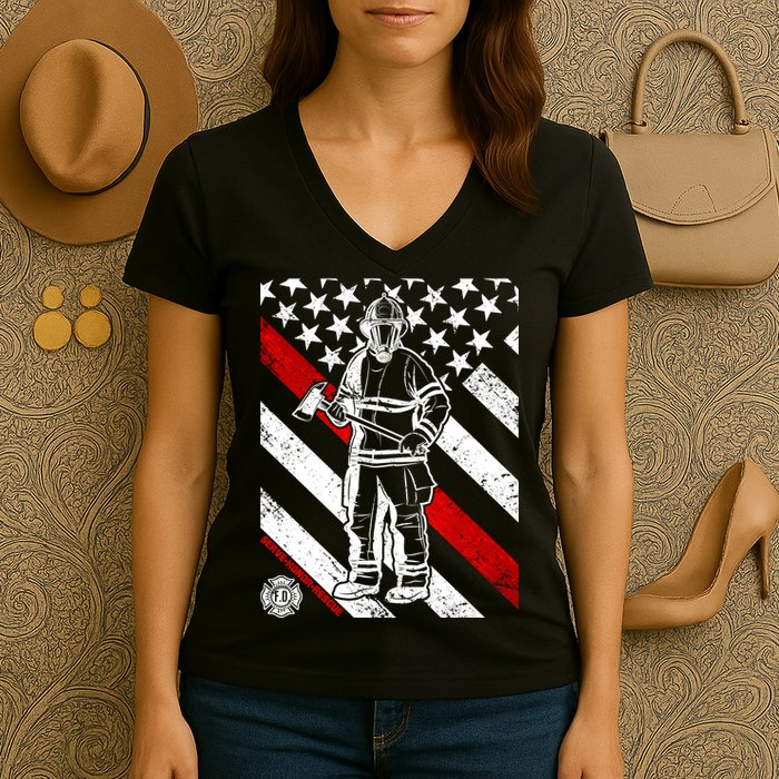 Firefighter Thin Red Line Serve Honor Rescue Women's V-Neck T-Shirt