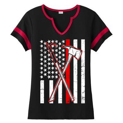 Firefighter US Flag Thin Red Line Ladies Halftime Notch Neck Tee