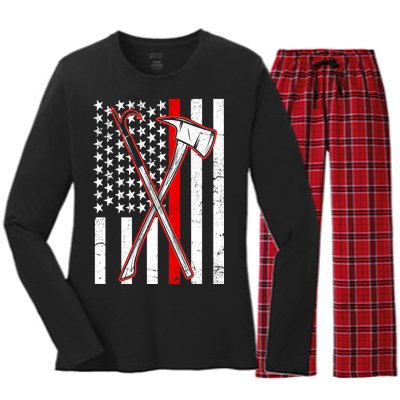 Firefighter US Flag Thin Red Line Women's Long Sleeve Flannel Pajama Set 