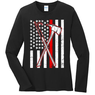 Firefighter US Flag Thin Red Line Ladies Long Sleeve Shirt