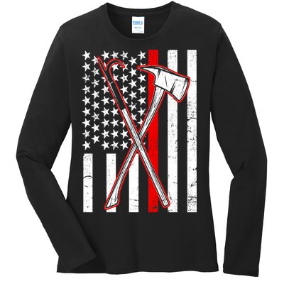 Firefighter US Flag Thin Red Line Ladies Long Sleeve Shirt