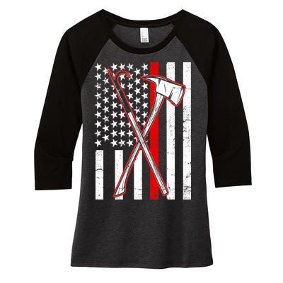 Firefighter US Flag Thin Red Line Women's Tri-Blend 3/4-Sleeve Raglan Shirt