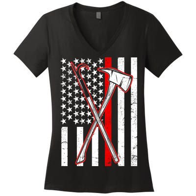 Firefighter US Flag Thin Red Line Women's V-Neck T-Shirt