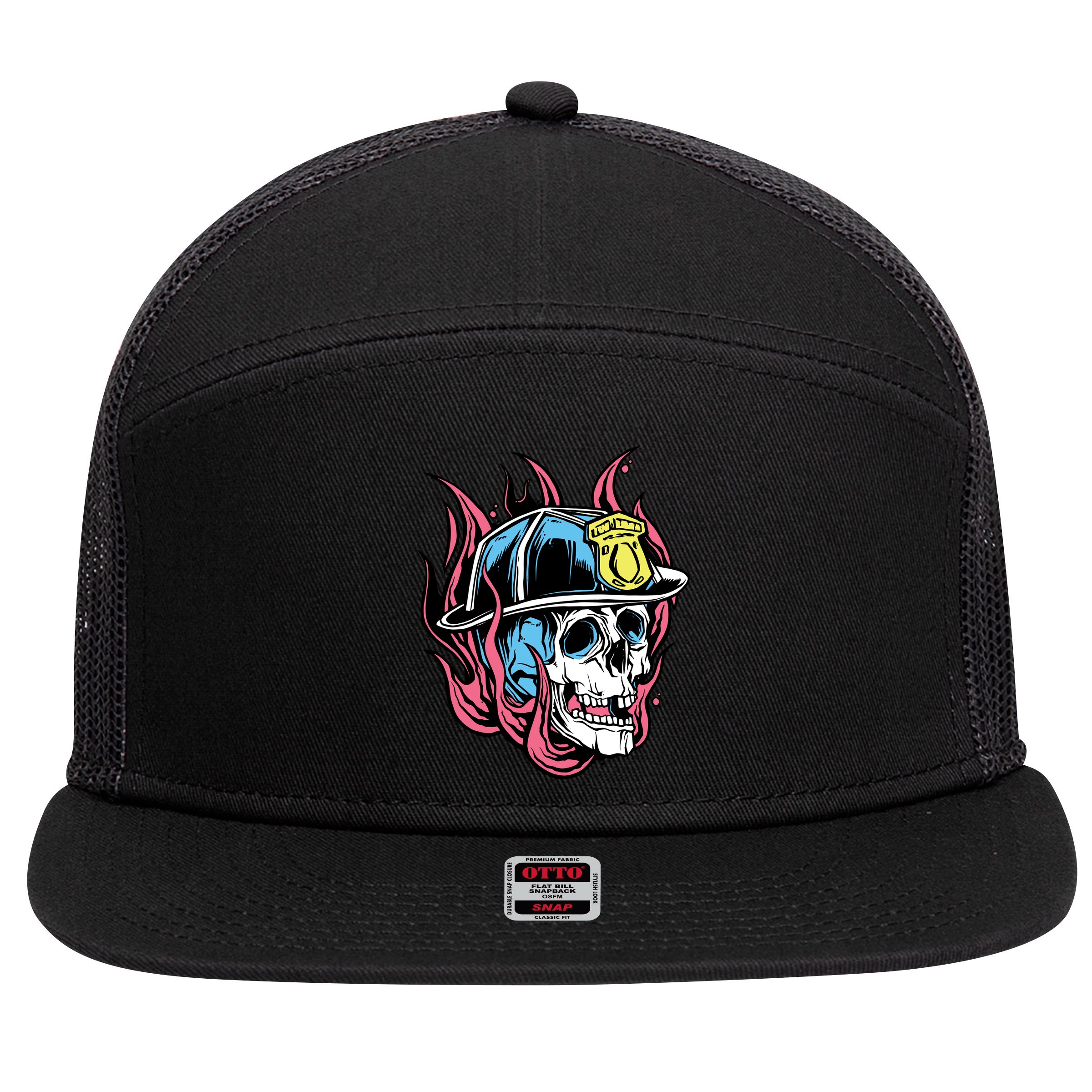 Fireman Skull Flame 7 Panel Mesh Trucker Snapback Hat