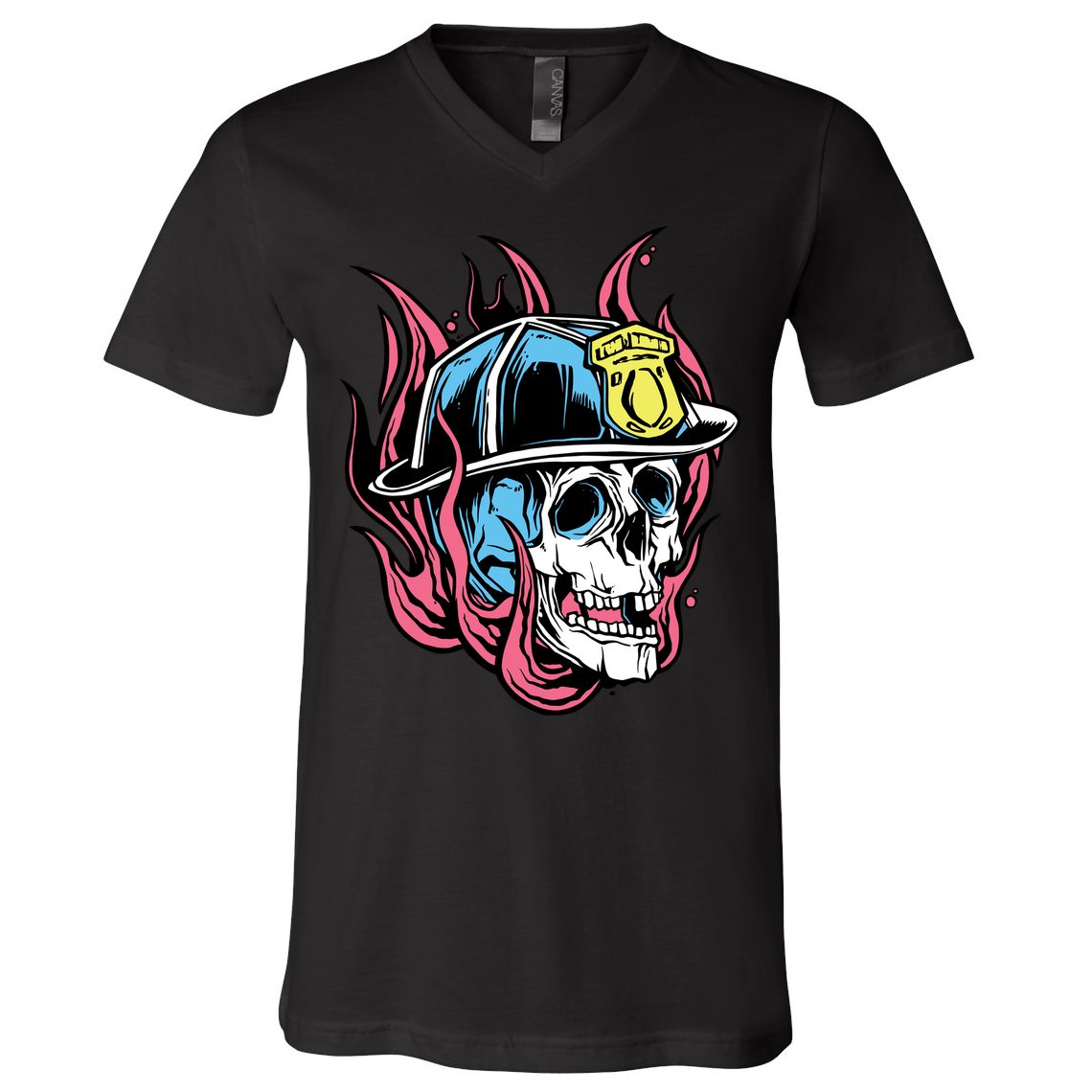Fireman Skull Flame V-Neck T-Shirt