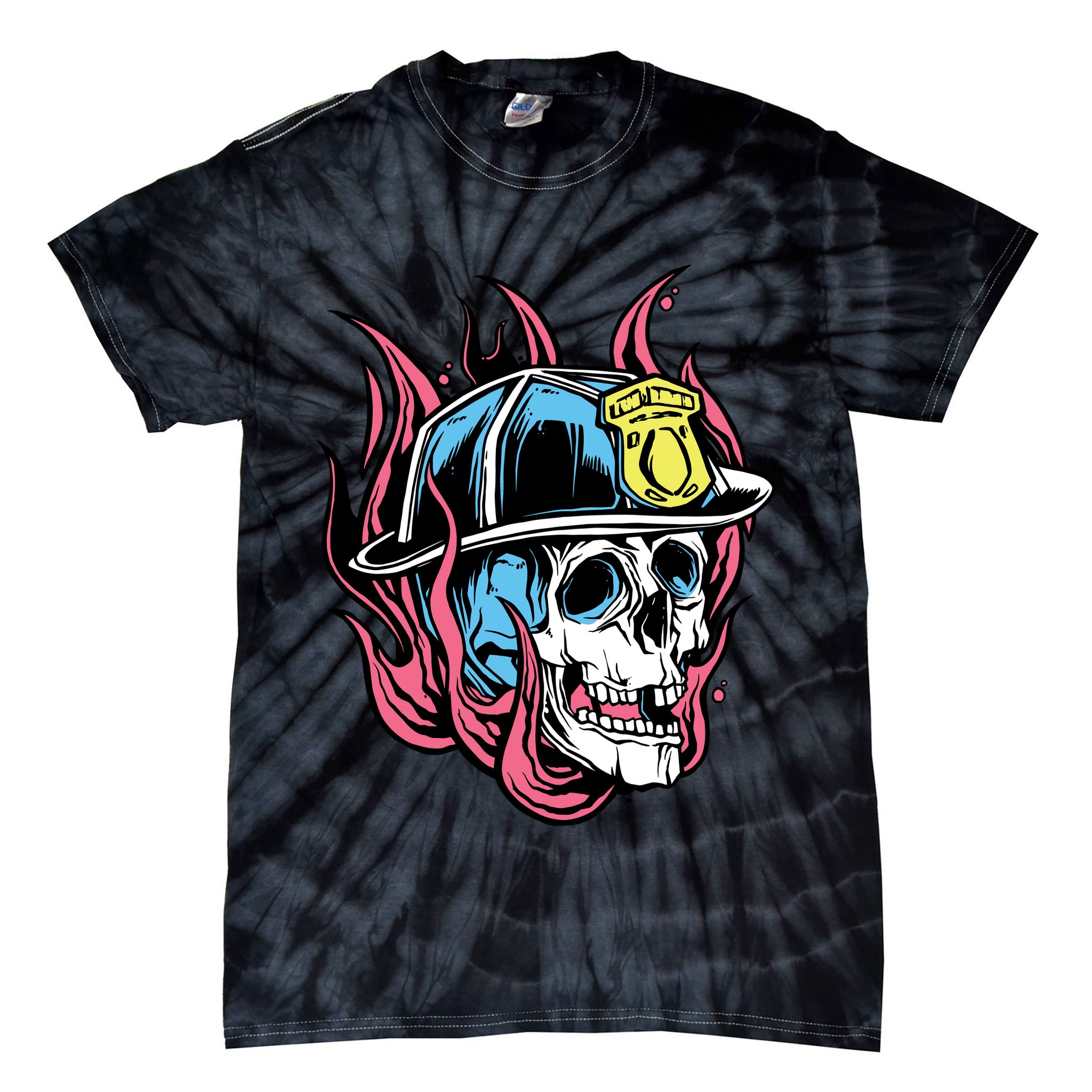 Fireman Skull Flame Tie-Dye T-Shirt