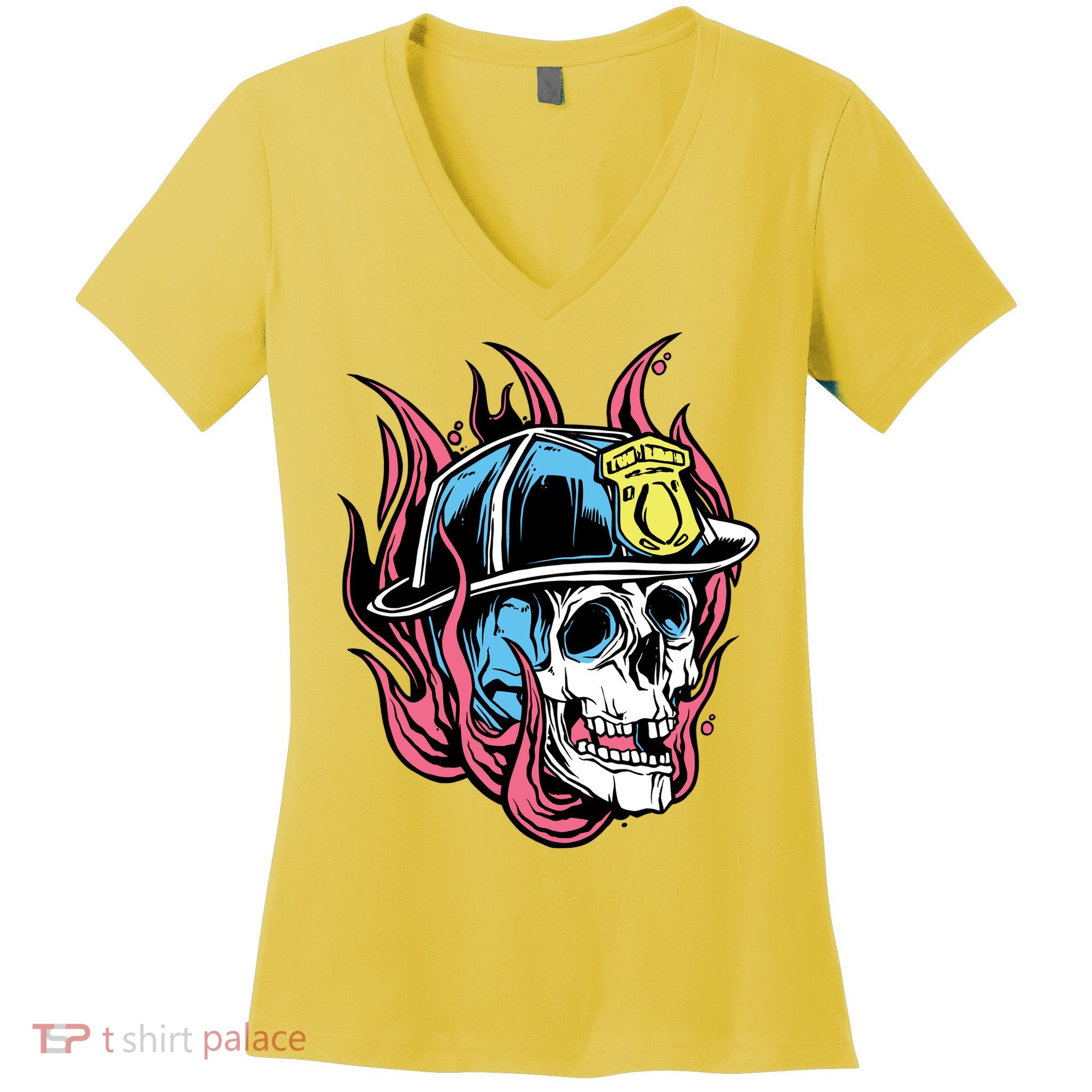 Fireman Skull Flame Women's V-Neck T-Shirt