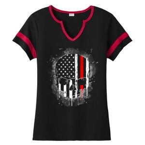 Firemen Red Line Flag Skull Ladies Halftime Notch Neck Tee