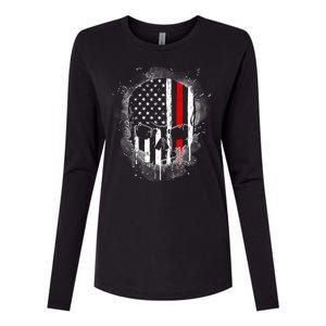 Firemen Red Line Flag Skull Womens Cotton Relaxed Long Sleeve T-Shirt