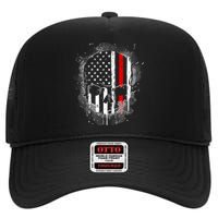 Firemen Red Line Flag Skull High Crown Mesh Back Trucker Hat