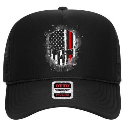 Firemen Red Line Flag Skull High Crown Mesh Back Trucker Hat