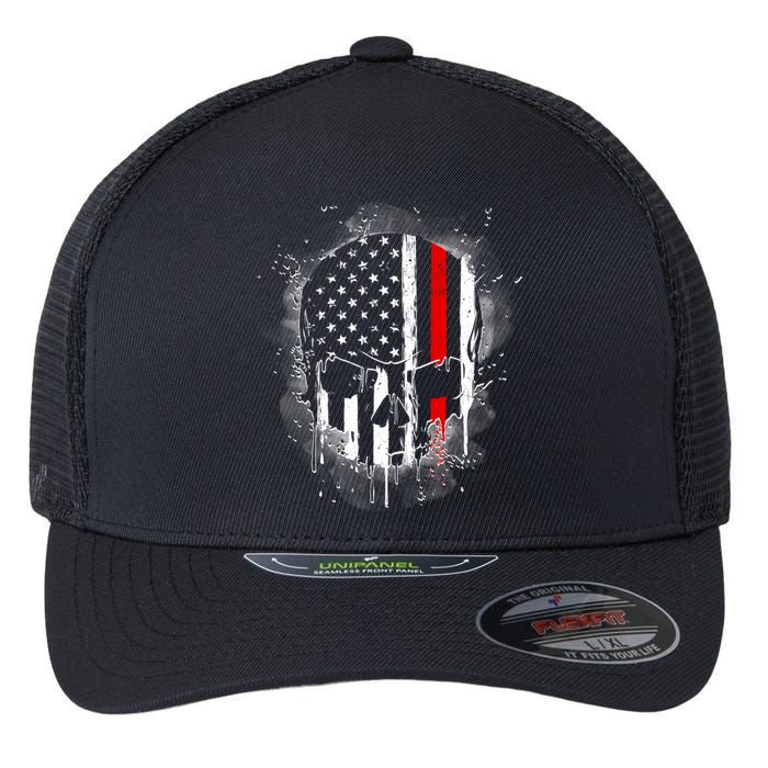 Firemen Red Line Flag Skull Flexfit Unipanel Trucker Cap