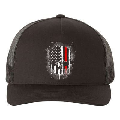 Firemen Red Line Flag Skull Yupoong Adult 5-Panel Trucker Hat