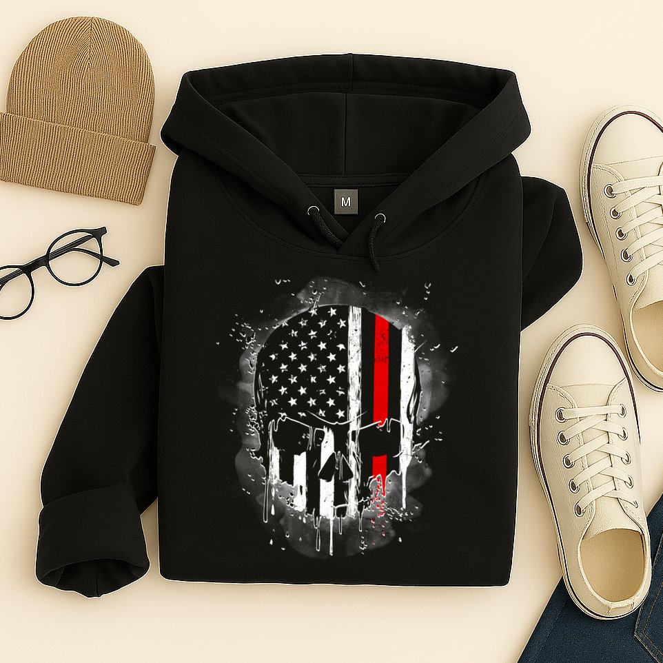 Firemen Red Line Flag Skull Hoodie