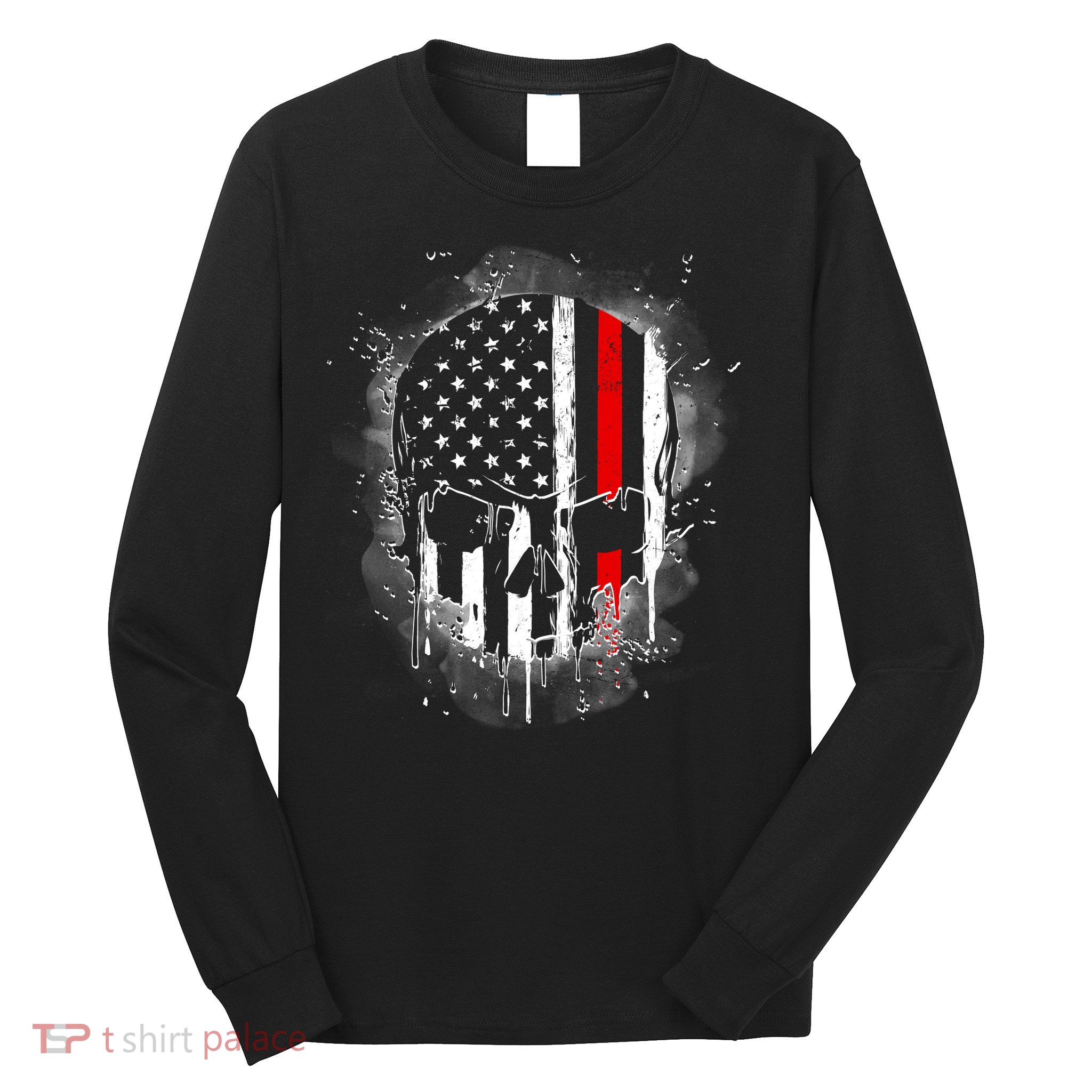 Firemen Red Line Flag Skull Long Sleeve Shirt