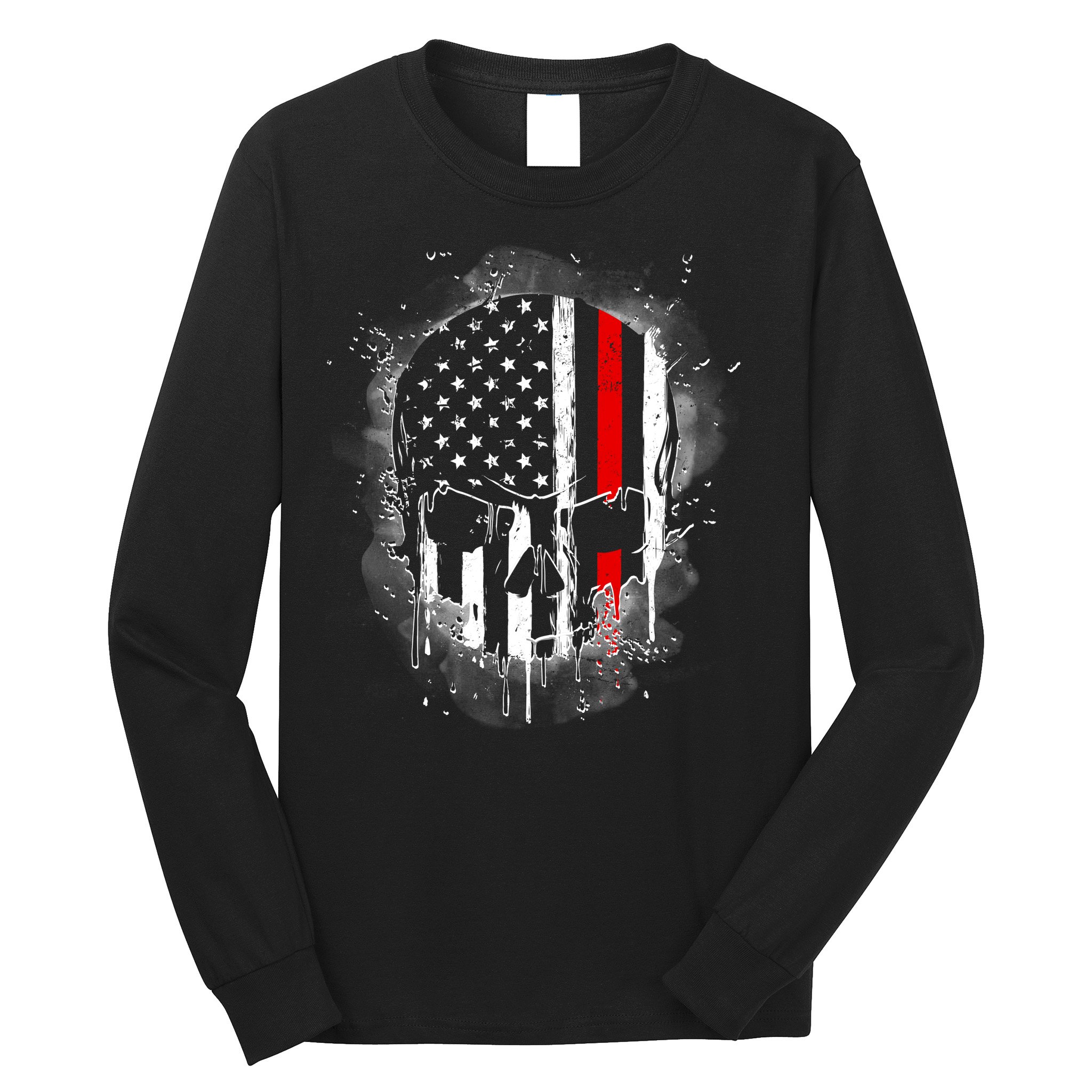 Firemen Red Line Flag Skull Long Sleeve Shirt
