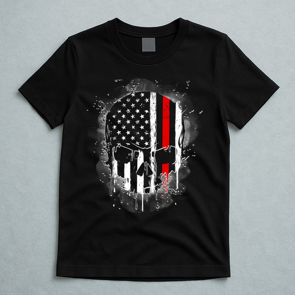 Firemen Red Line Flag Skull T-Shirt