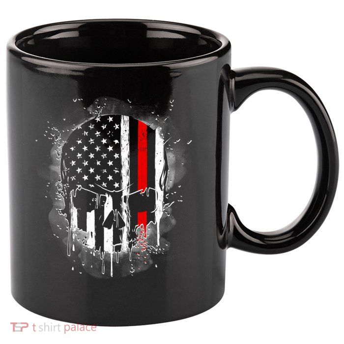 Firemen Red Line Flag Skull 11oz C Handle Ceramic Mug