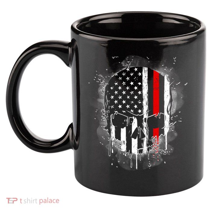 Firemen Red Line Flag Skull 11oz C Handle Ceramic Mug