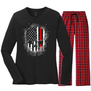 Firemen Red Line Flag Skull Women's Long Sleeve Flannel Pajama Set 