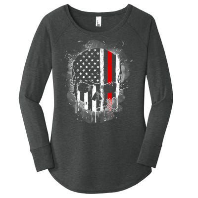 Firemen Red Line Flag Skull Women's Perfect Tri Tunic Long Sleeve Shirt