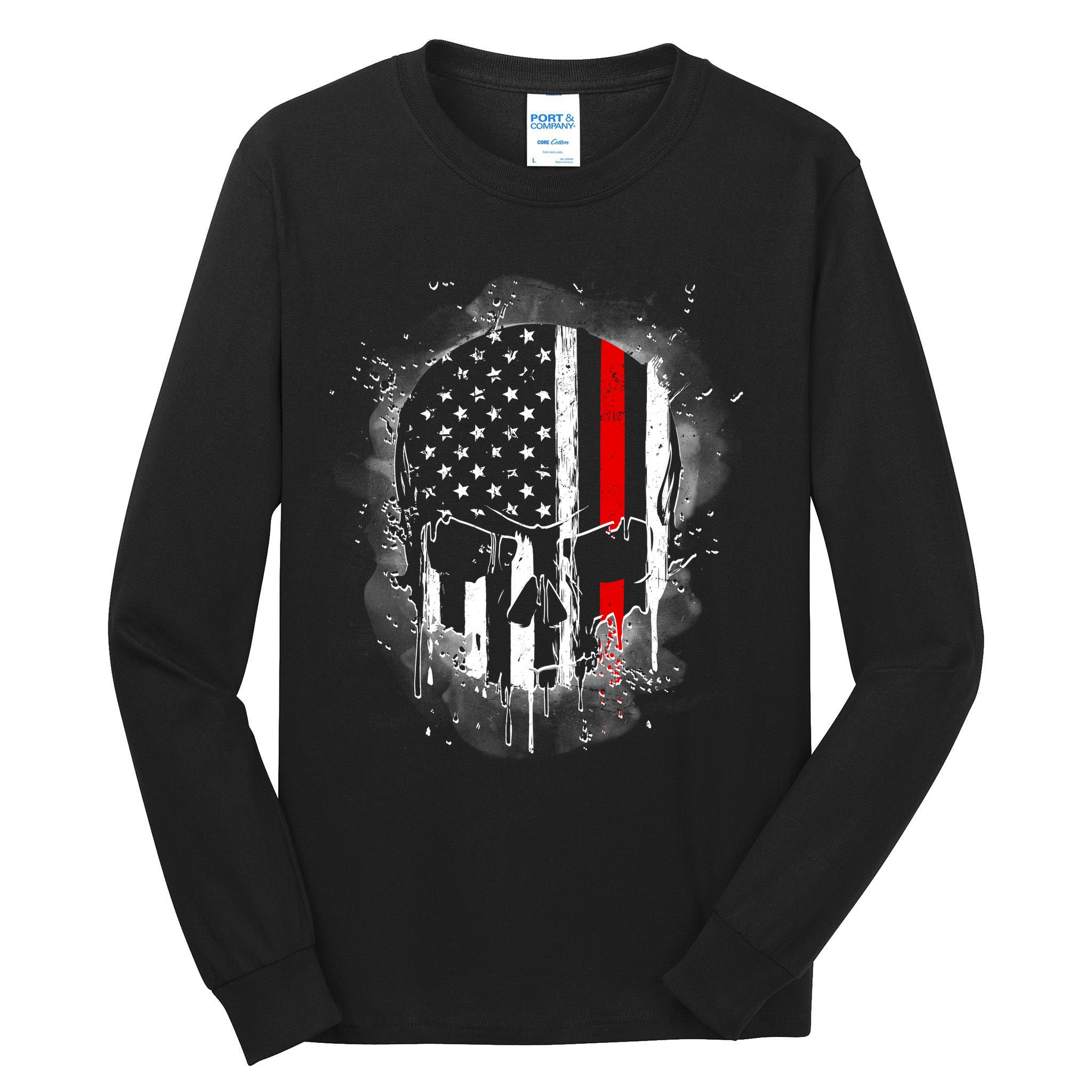 Firemen Red Line Flag Skull Tall Long Sleeve T-Shirt