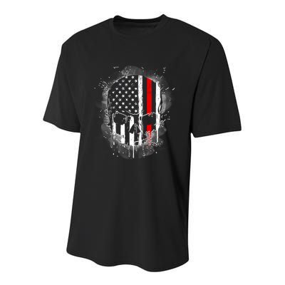 Firemen Red Line Flag Skull Youth Performance Sprint T-Shirt