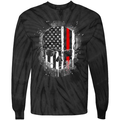 Firemen Red Line Flag Skull Tie-Dye Long Sleeve Shirt