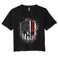 Firemen Red Line Flag Skull Women's Crop Top Tee