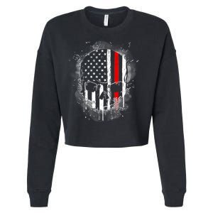 Firemen Red Line Flag Skull Cropped Pullover Crew