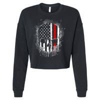 Firemen Red Line Flag Skull Cropped Pullover Crew