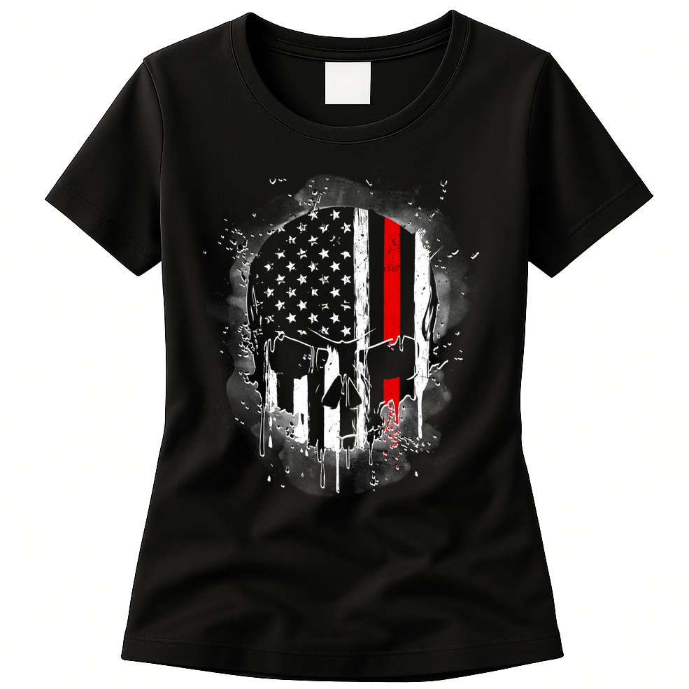 Firemen Red Line Flag Skull Womens T-Shirt