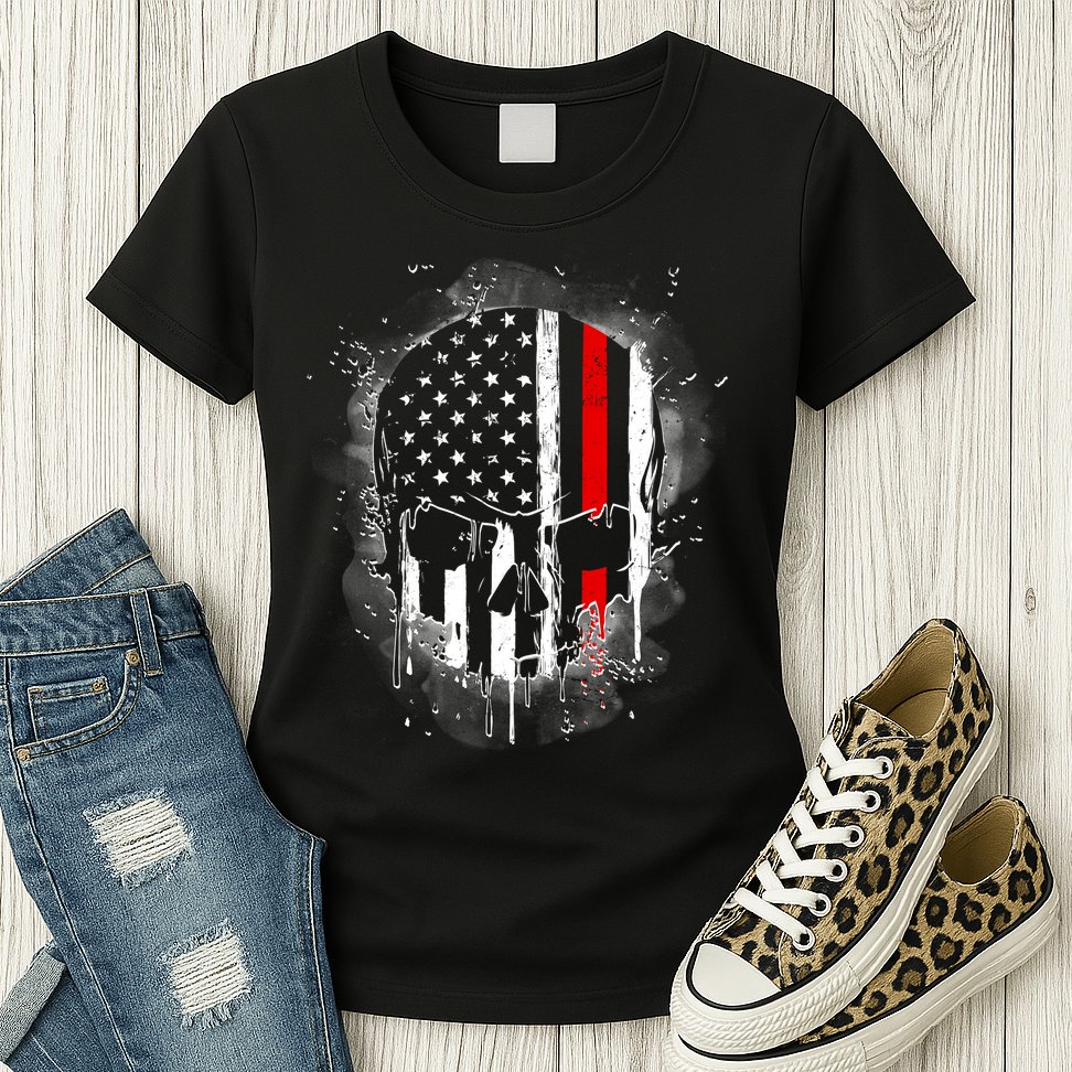 Firemen Red Line Flag Skull Womens T-Shirt