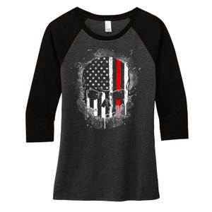 Firemen Red Line Flag Skull Women's Tri-Blend 3/4-Sleeve Raglan Shirt