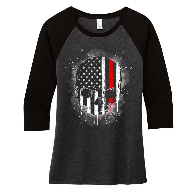 Firemen Red Line Flag Skull Women's Tri-Blend 3/4-Sleeve Raglan Shirt