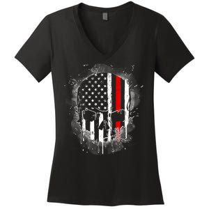 Firemen Red Line Flag Skull Women's V-Neck T-Shirt