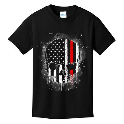 Firemen Red Line Flag Skull Kids T-Shirt