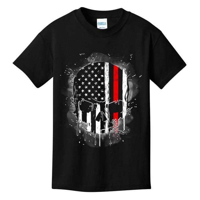Firemen Red Line Flag Skull Kids T-Shirt