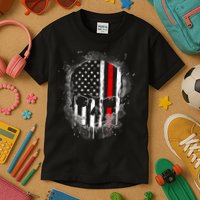 Firemen Red Line Flag Skull Kids T-Shirt