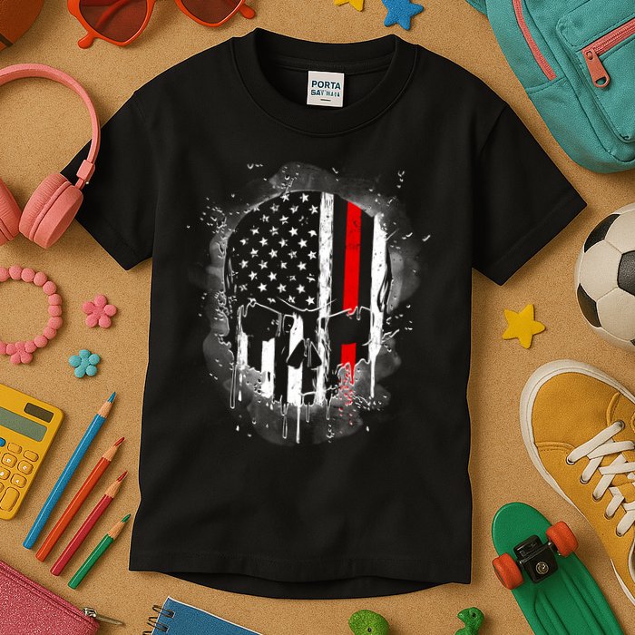 Firemen Red Line Flag Skull Kids T-Shirt