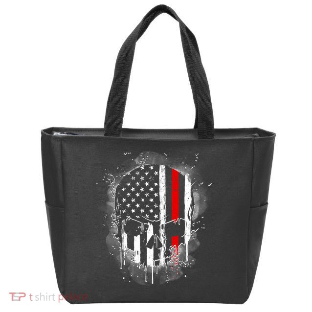 Firemen Red Line Flag Skull Zip Tote Bag
