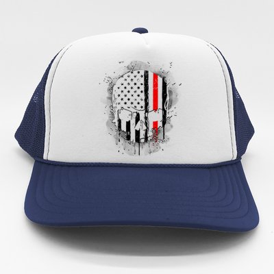 Firemen Red Line Flag Skull Trucker Hat