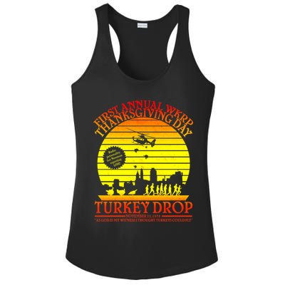 First Annual WKRP Thanksgiving Day Turkey Drop Retro Ladies PosiCharge Competitor Racerback Tank