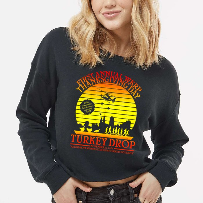 First Annual WKRP Thanksgiving Day Turkey Drop Retro Cropped Pullover Crew