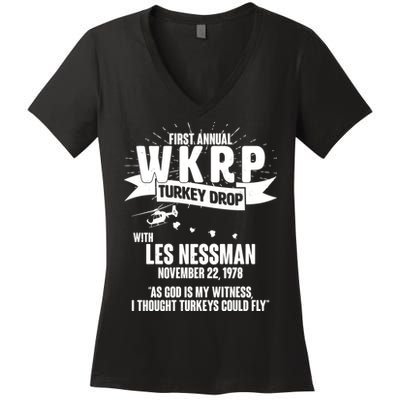 First Annual WKRP Turkey Drop With Les Nessman Women's V-Neck T-Shirt