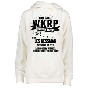 First Annual WKRP Turkey Drop With Les Nessman Womens Funnel Neck Pullover Hood