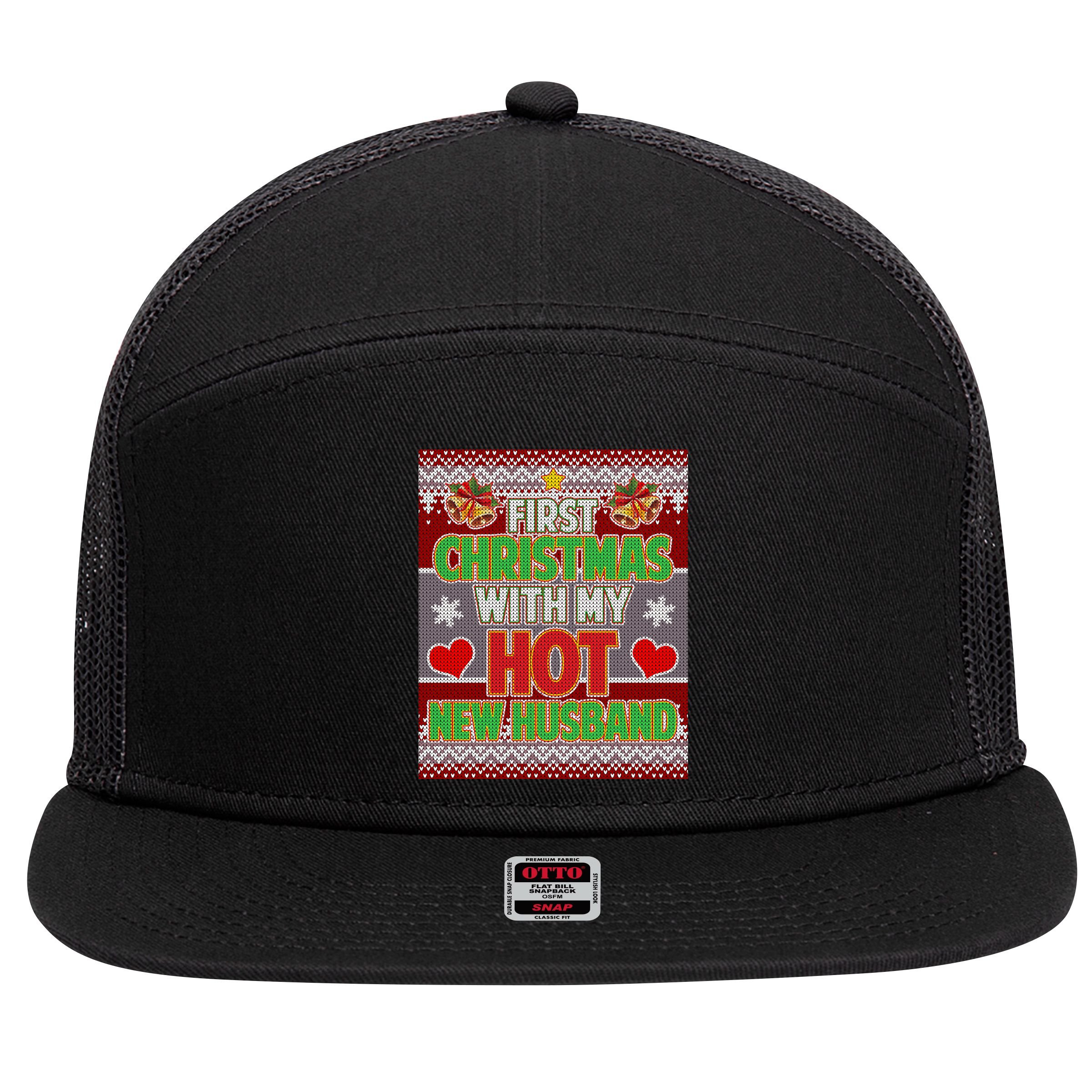 First Christmas With Hot Husband Ugly Sweater 7 Panel Mesh Trucker Snapback Hat